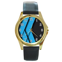 Blue Black Abstract Background, Geometric Background Round Gold Metal Watch by nateshop