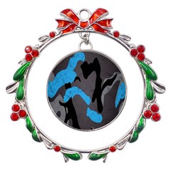 Blue, Abstract, Black, Desenho, Grey Shapes, Texture Metal X mas Wreath Ribbon Ornament