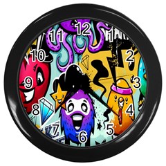 Cartoon Graffiti, Art, Black, Colorful, Wallpaper Wall Clock (black) by nateshop