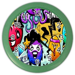 Cartoon Graffiti, Art, Black, Colorful, Wallpaper Color Wall Clock by nateshop