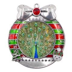 Peacock,army 1 Metal X mas Ribbon With Red Crystal Round Ornament by nateshop