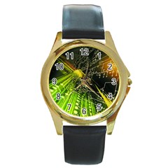 Machine Technology Circuit Electronic Computer Technics Detail Psychedelic Abstract Pattern Round Gold Metal Watch