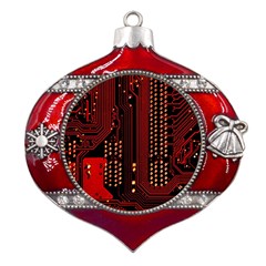 Technology Computer Circuit Metal Snowflake And Bell Red Ornament by Sarkoni