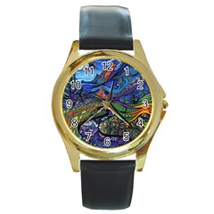 Psychedelic Landscape Round Gold Metal Watch