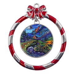 Psychedelic Landscape Metal Red Ribbon Round Ornament