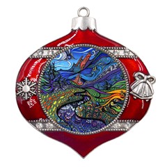 Psychedelic Landscape Metal Snowflake And Bell Red Ornament