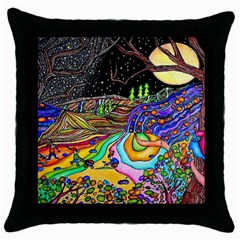 Nature Moon Psychedelic Painting Throw Pillow Case (black) by Sarkoni