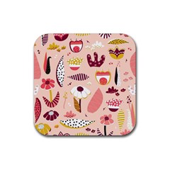 Scandinavian Flat Floral Background Coral Pink White Black Gold Pattern Rubber Coaster (square) by Sarkoni