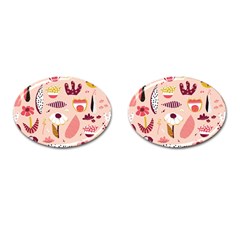 Scandinavian Flat Floral Background Coral Pink White Black Gold Pattern Cufflinks (oval)