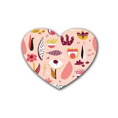 Scandinavian Flat Floral Background Coral Pink White Black Gold Pattern Rubber Heart Coaster (4 Pack)