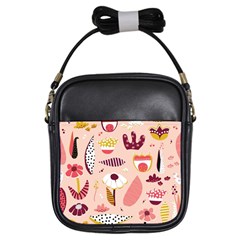 Scandinavian Flat Floral Background Coral Pink White Black Gold Pattern Girls Sling Bag by Sarkoni