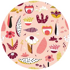 Scandinavian Flat Floral Background Coral Pink White Black Gold Pattern Wooden Puzzle Round by Sarkoni