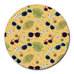 Seamless Pattern Of Sunglasses Tropical Leaves And Flowers Round Mousepad by Sarkoni