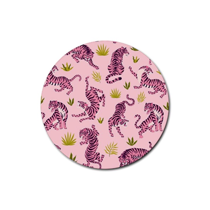 Pink Tigers And Tropical Leaves Patern Rubber Coaster (Round)