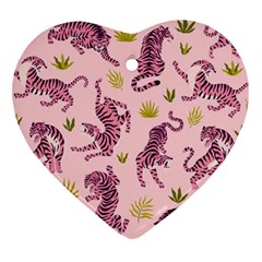 Pink Tigers And Tropical Leaves Patern Heart Ornament (two Sides)