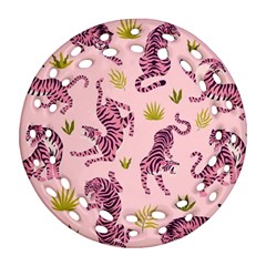 Pink Tigers And Tropical Leaves Patern Round Filigree Ornament (two Sides)