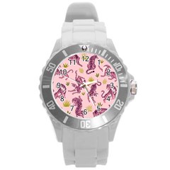 Pink Tigers And Tropical Leaves Patern Round Plastic Sport Watch (l)