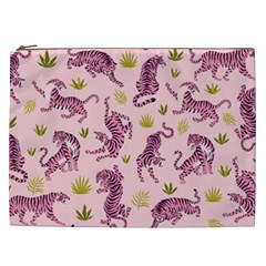 Pink Tigers And Tropical Leaves Patern Cosmetic Bag (xxl)