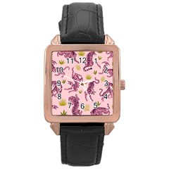 Pink Tigers And Tropical Leaves Patern Rose Gold Leather Watch 