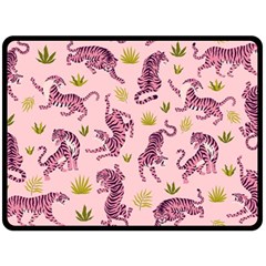 Pink Tigers And Tropical Leaves Patern Two Sides Fleece Blanket (large)