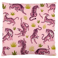 Pink Tigers And Tropical Leaves Patern Large Premium Plush Fleece Cushion Case (two Sides)