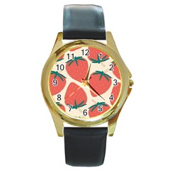 Seamless Strawberry Pattern Vector Round Gold Metal Watch by Grandong