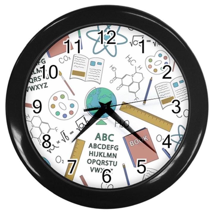 School Subjects And Objects Vector Illustration Seamless Pattern Wall Clock (Black)