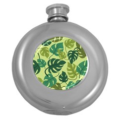 Seamless Pattern Of Monstera Leaves For The Tropical Plant Background Round Hip Flask (5 Oz) by Grandong