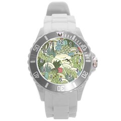 Playful Cactus Desert Landscape Illustrated Seamless Pattern Round Plastic Sport Watch (l) by Grandong