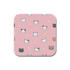 Cute Cat Cartoon Doodle Seamless Pink Pattern Rubber Square Coaster (4 pack)