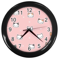 Cute Cat Cartoon Doodle Seamless Pink Pattern Wall Clock (Black)