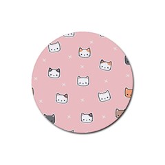 Cute Cat Cartoon Doodle Seamless Pink Pattern Rubber Round Coaster (4 pack)