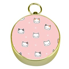 Cute Cat Cartoon Doodle Seamless Pink Pattern Gold Compasses