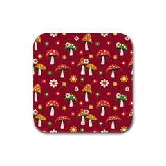 Woodland Mushroom And Daisy Seamless Pattern Rubber Square Coaster (4 Pack) by Grandong