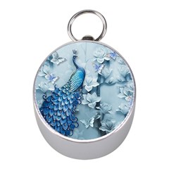 Chinese Style 3d Embossed Blue Peacock Oil Painting Mini Silver Compasses