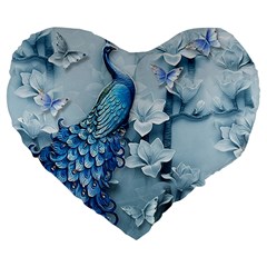 Chinese Style 3d Embossed Blue Peacock Oil Painting Large 19  Premium Flano Heart Shape Cushions