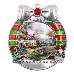 Colorful Cottage River Colorful House Landscape Garden Beautiful Painting Metal X mas Ribbon With Red Crystal Round Ornament by Grandong