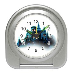 Blue Castle Halloween Horror Haunted House Travel Alarm Clock by Sarkoni