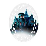 Blue Castle Halloween Horror Haunted House Ornament (Oval Filigree) Front