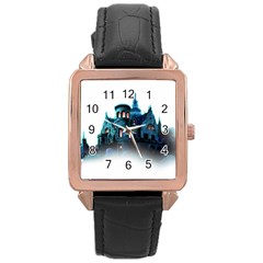 Blue Castle Halloween Horror Haunted House Rose Gold Leather Watch 