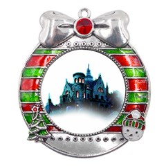 Blue Castle Halloween Horror Haunted House Metal X mas Ribbon With Red Crystal Round Ornament by Sarkoni