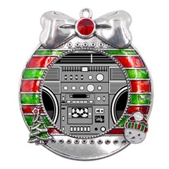 Boombox Metal X mas Ribbon With Red Crystal Round Ornament