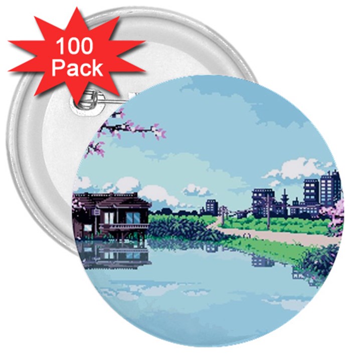 Japanese Themed Pixel Art The Urban And Rural Side Of Japan 3  Buttons (100 pack) 