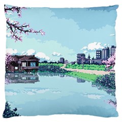 Japanese Themed Pixel Art The Urban And Rural Side Of Japan Large Premium Plush Fleece Cushion Case (Two Sides)