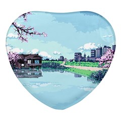 Japanese Themed Pixel Art The Urban And Rural Side Of Japan Heart Glass Fridge Magnet (4 pack)