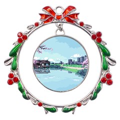 Japanese Themed Pixel Art The Urban And Rural Side Of Japan Metal X mas Wreath Ribbon Ornament