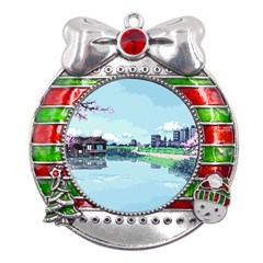 Japanese Themed Pixel Art The Urban And Rural Side Of Japan Metal X Mas Ribbon With Red Crystal Round Ornament