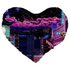 Retro City Pixel Large 19  Premium Flano Heart Shape Cushions