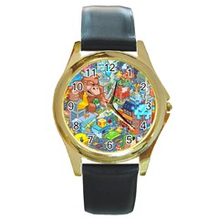 Pixel Art Retro Video Game Round Gold Metal Watch by Sarkoni