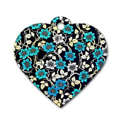 Blue Flower Pattern Floral Pattern Dog Tag Heart (one Side) by Grandong